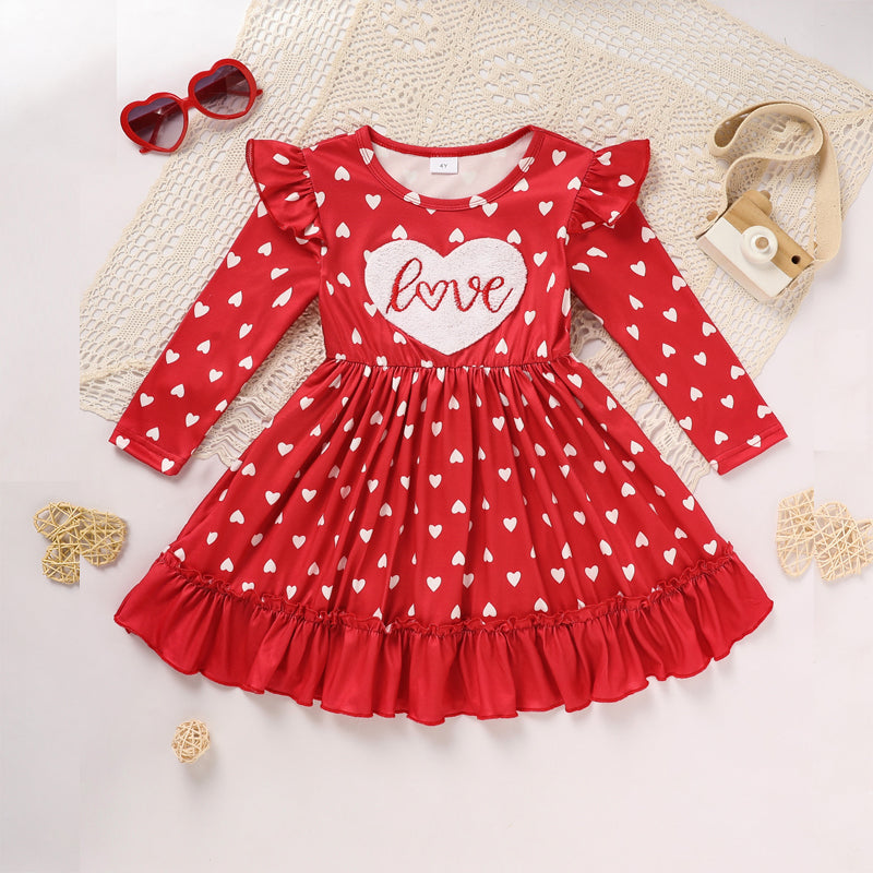 Toddler Girl's Cute 'LOVE' Embroidered Dress, Heart Print Long Sleeve