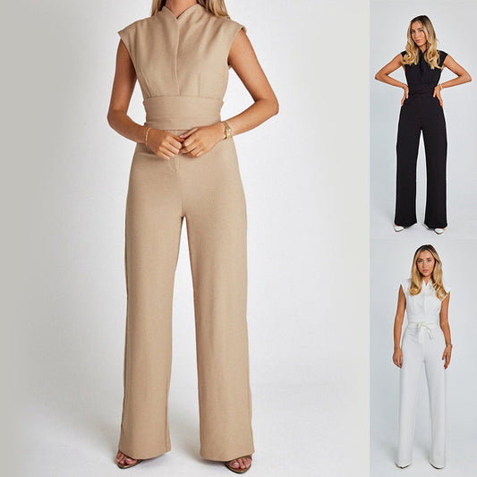 Fashion Elegant Long Sleeveless Jumpsuit Summer V-neck Casual Wide Leg