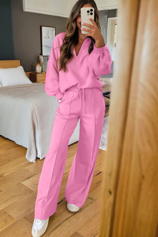 Solid V-Neck Pullover and Drawstring Sweatpants Set