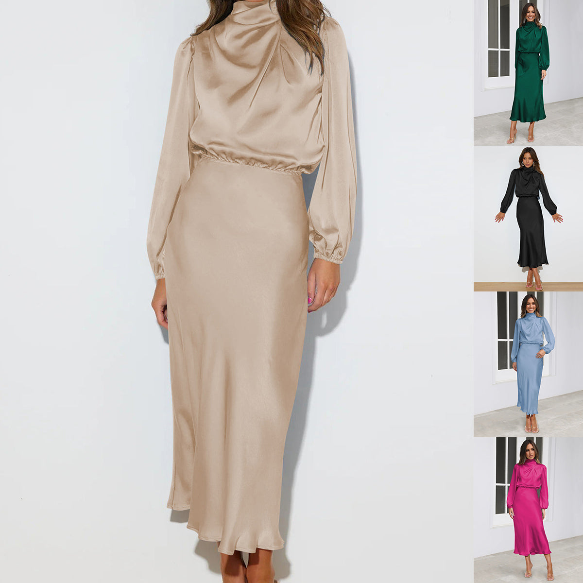 Elegant Temperament Long-sleeved Dress Satin Halterneck Formal Evening