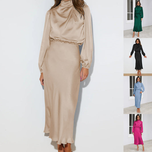 Elegant Temperament Long-sleeved Dress Satin Halterneck Formal Evening