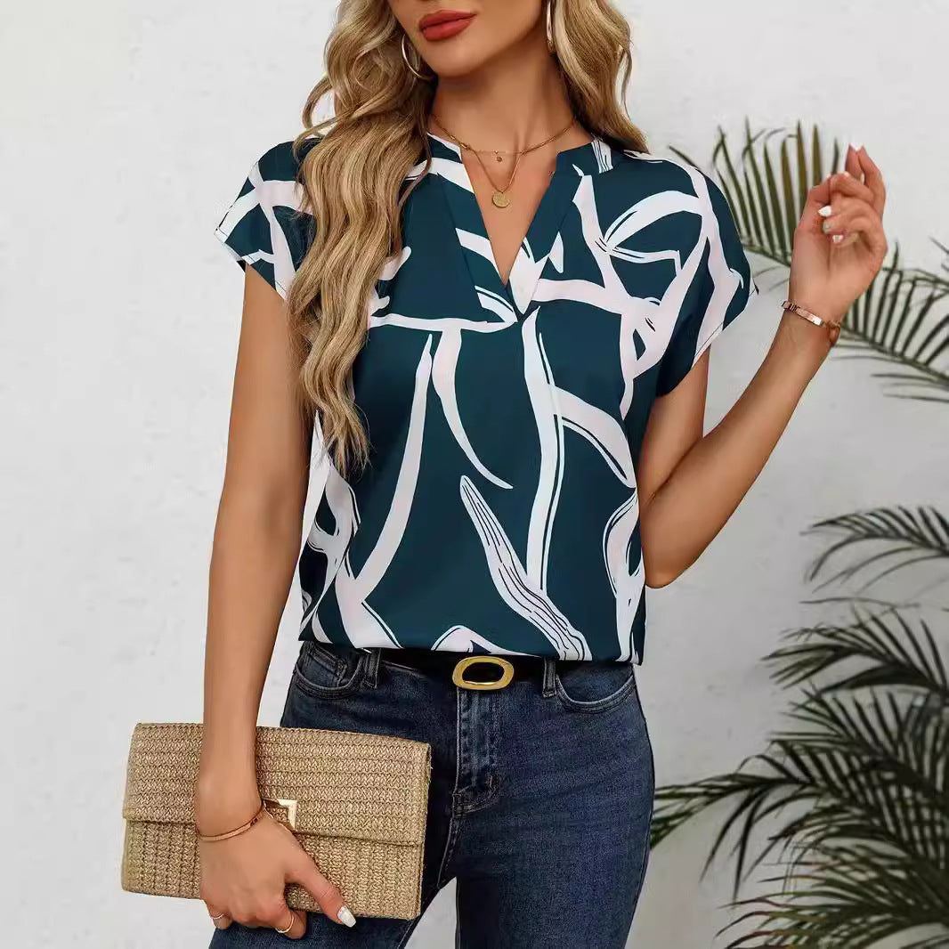 V-neck Short-sleeved T-shirt Slimming Dress Versatile Simple Top