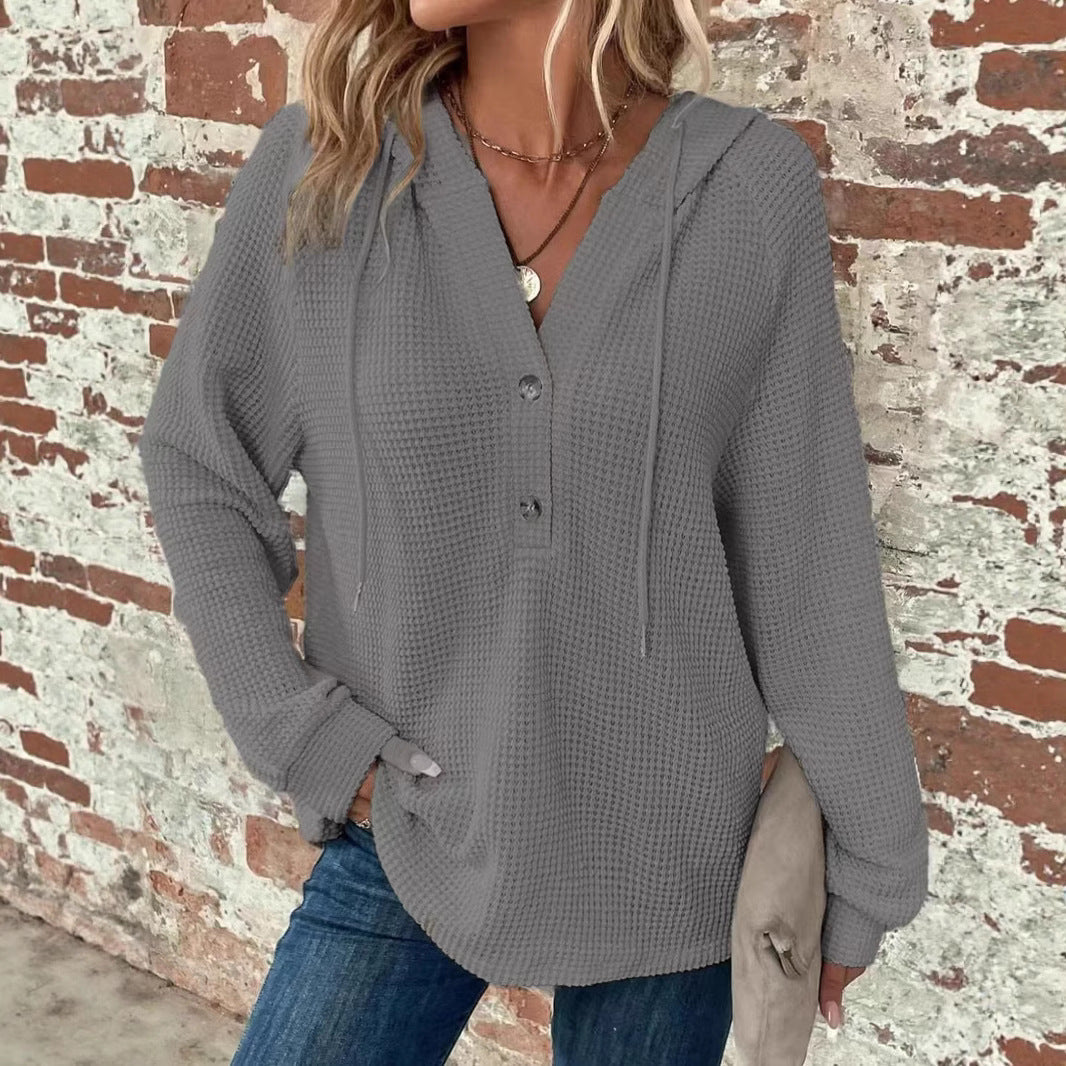 Waffle Hooded Sweater Sweatshirt Fashion Casual Long-sleeved