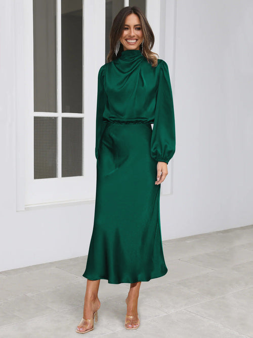 Elegant Temperament Long-sleeved Dress Satin Halterneck Formal Evening