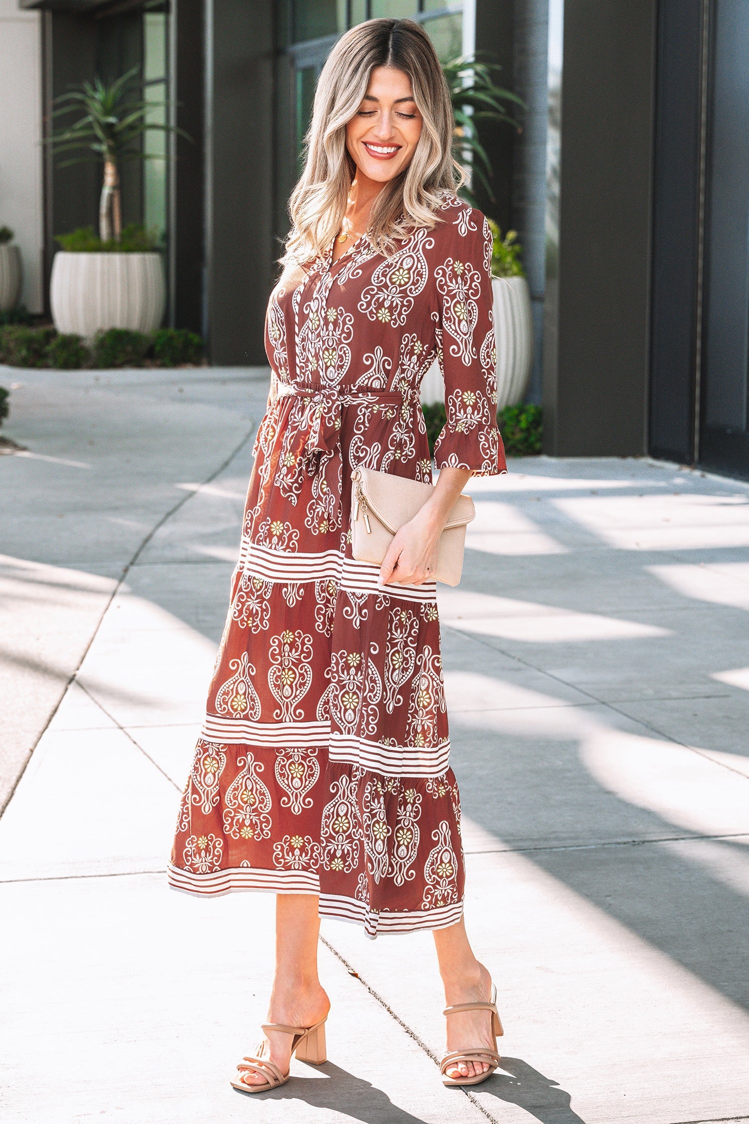 Floral Boho Belted Stripe Trim Tiered Maxi Dress