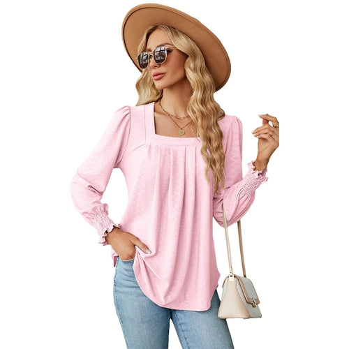 Jacquard Pleated Square Collar Long Sleeve Swallowtail Solid Color