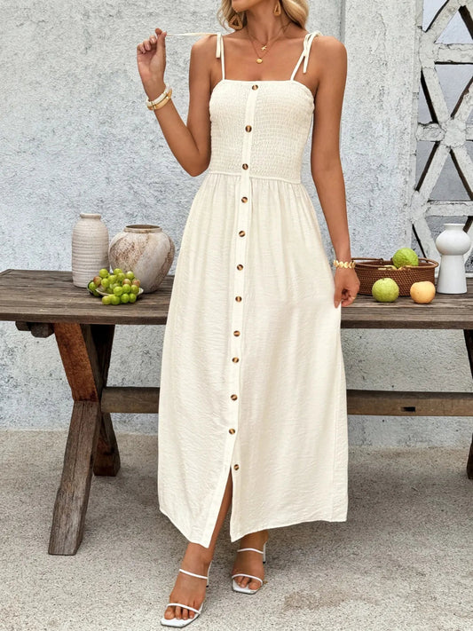 Smocked Button Front Tie Shoulder Dress