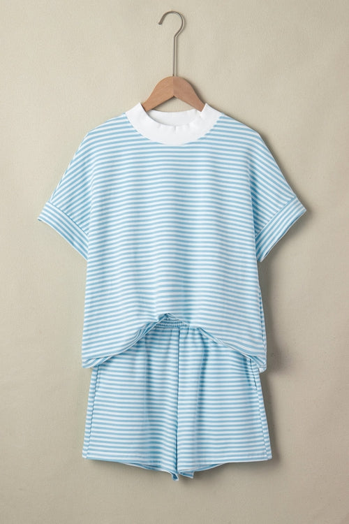 Stripe Contrast Mock Neck Tee & Shorts Set