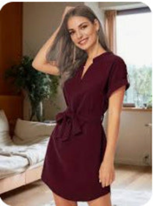 V-neck Short Sleeve Dress With Belt Summer Fashion Bowknot Dresses For