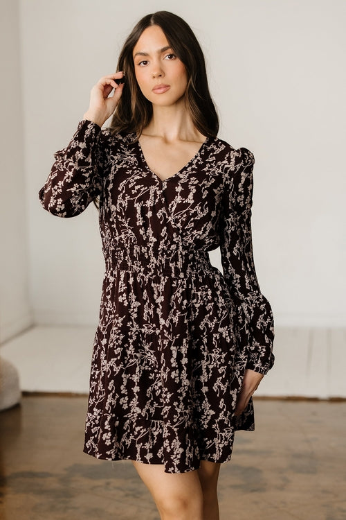 Brown Ditsy Floral Print Split Neck Long Sleeve Shirred Waist Flared