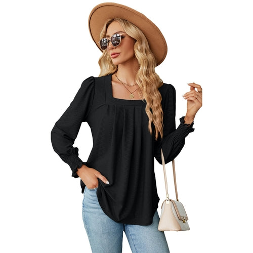 Jacquard Pleated Square Collar Long Sleeve Swallowtail Solid Color