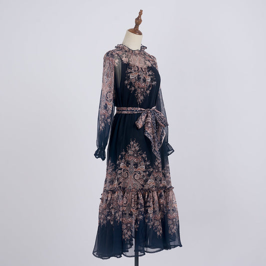 Light Luxury Elegant Retro Printed Long Sleeve Scarf Elegant Dress Two