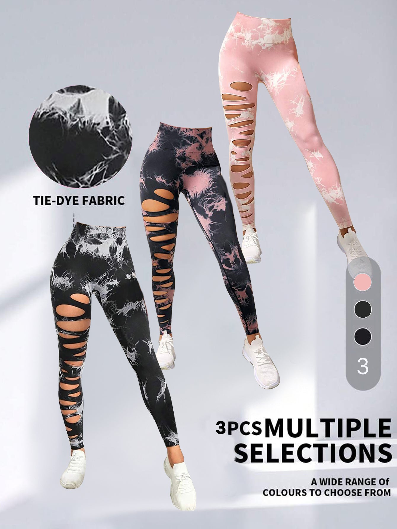 3 Pack Women's Tie Dye Cutout Tights High Waist Workout Yoga Leggings,