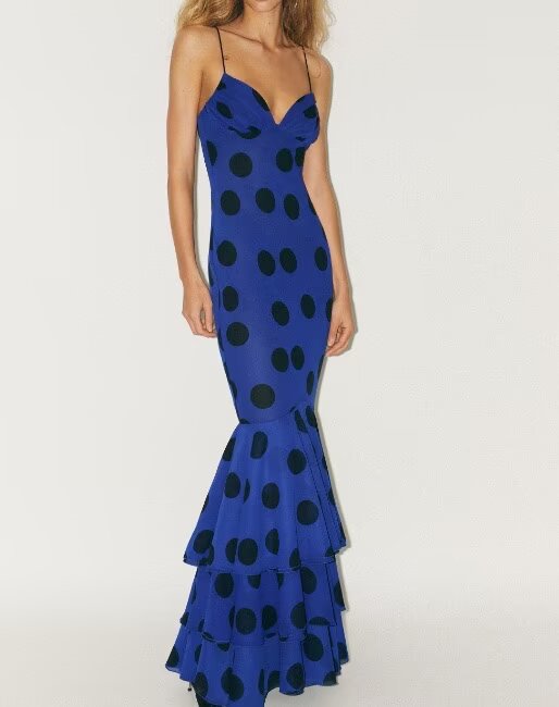 Women Clothing Summer Chiffon Polka Dots Tiered Dress Strap Long Dress