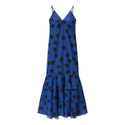 Women Clothing Summer Chiffon Polka Dots Tiered Dress Strap Long Dress