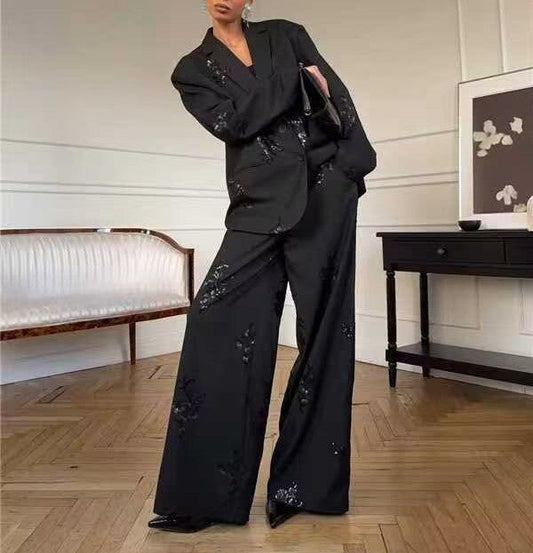 Spring Women Clothing Embroidered Sequ Striped Work Pant Two Piece