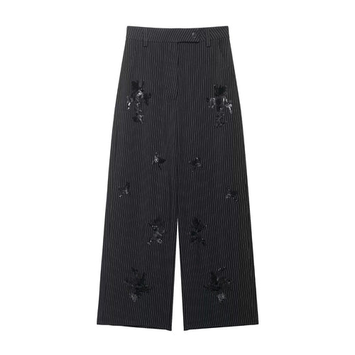 Spring Women Clothing Embroidered Sequ Striped Work Pant Two Piece