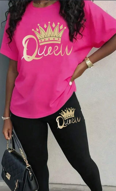 Fashionable Crown & Letter Print Short Sleeve Top And Leggings Set,