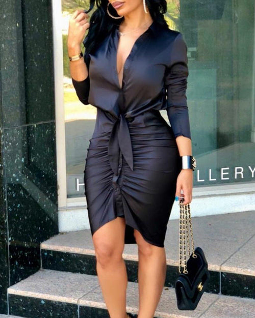 Women Lace-up Solid Color Long Sleeve Midi Dress Shirt Dress Elegant