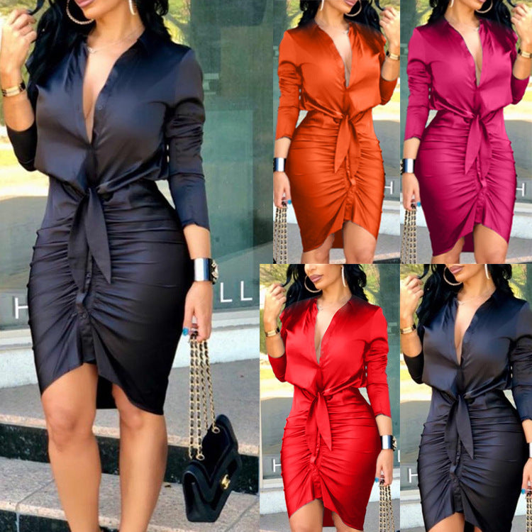 Women Lace-up Solid Color Long Sleeve Midi Dress Shirt Dress Elegant