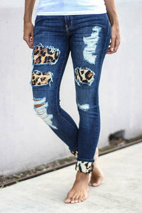 Plaid Splicing Hollow Out Ripped Jeans