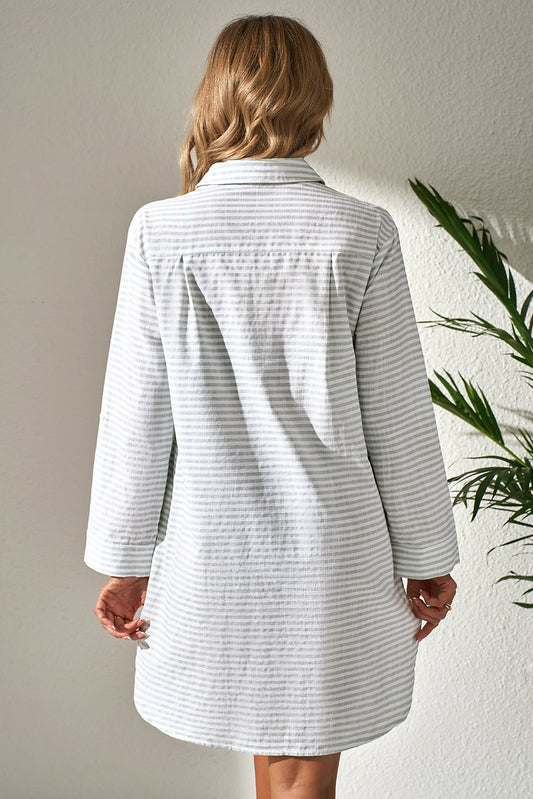 Stripe Collared V-Neck Chest Pocket Swim Cover Up