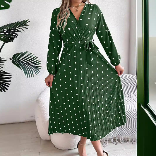 Spring Summer Elegant Long Dress Cross V-Neck Contrast Polka Dot Long