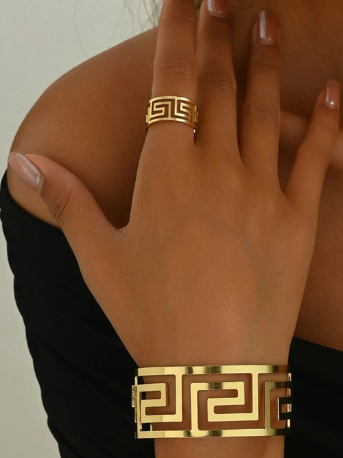 18K Gold-Plated Geometric Bracelet and Ring Jewelry Set