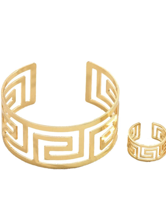 18K Gold-Plated Geometric Bracelet and Ring Jewelry Set