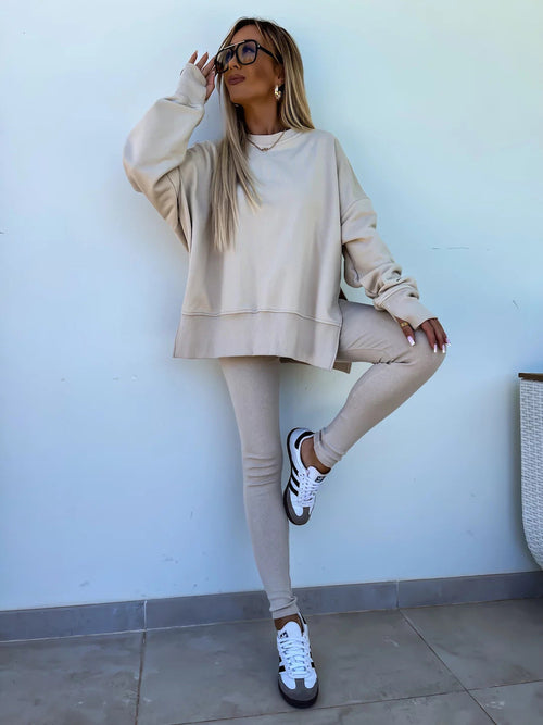 Sweater Suit Women's Casual Loose Long Sleeve Crew Neck Split Top