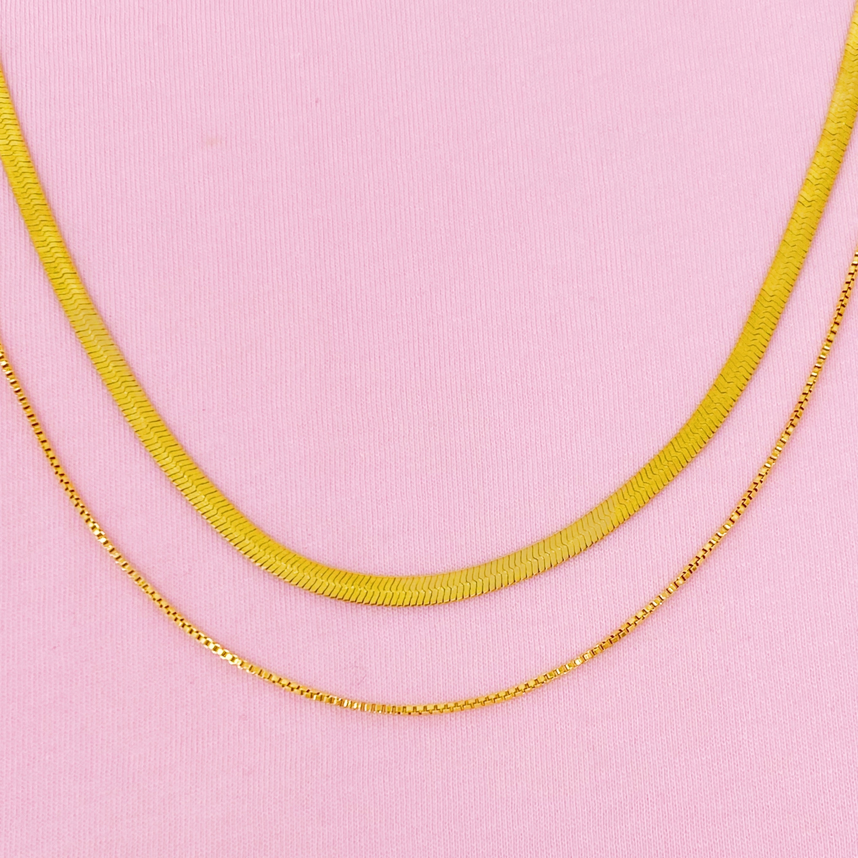 Layered Herringbone Chain Necklace, Waterproof Gold