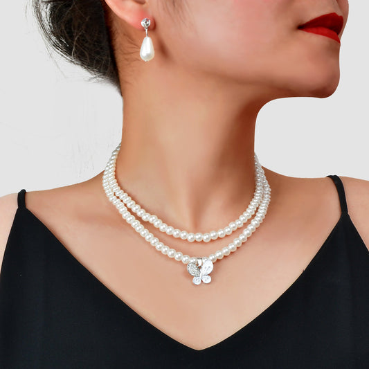Imitation Pearl Double layered Necklace Water Drop Earrings Banquet