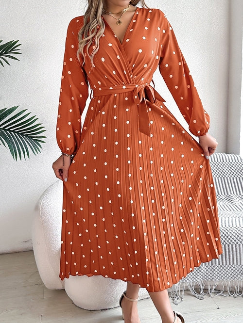 Spring Summer Elegant Long Dress Cross V-Neck Contrast Polka Dot Long