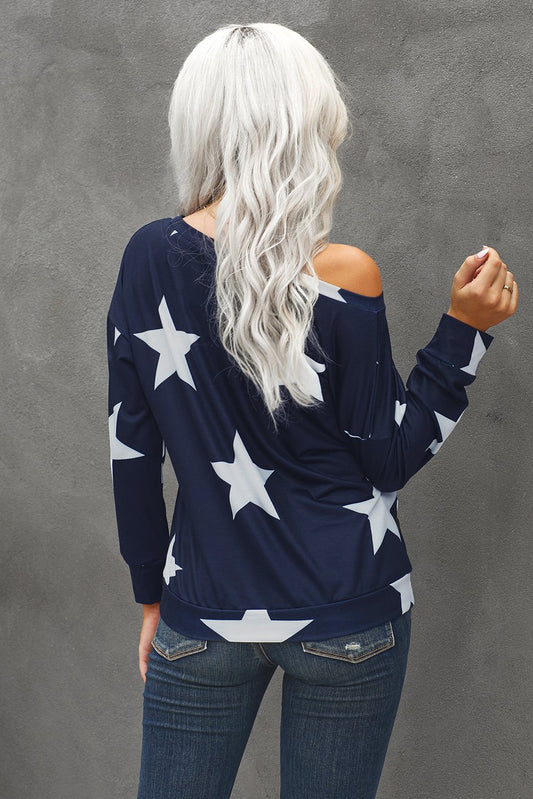 Fashion Five-pointed Star Print Round Neck Black Sweatshirt