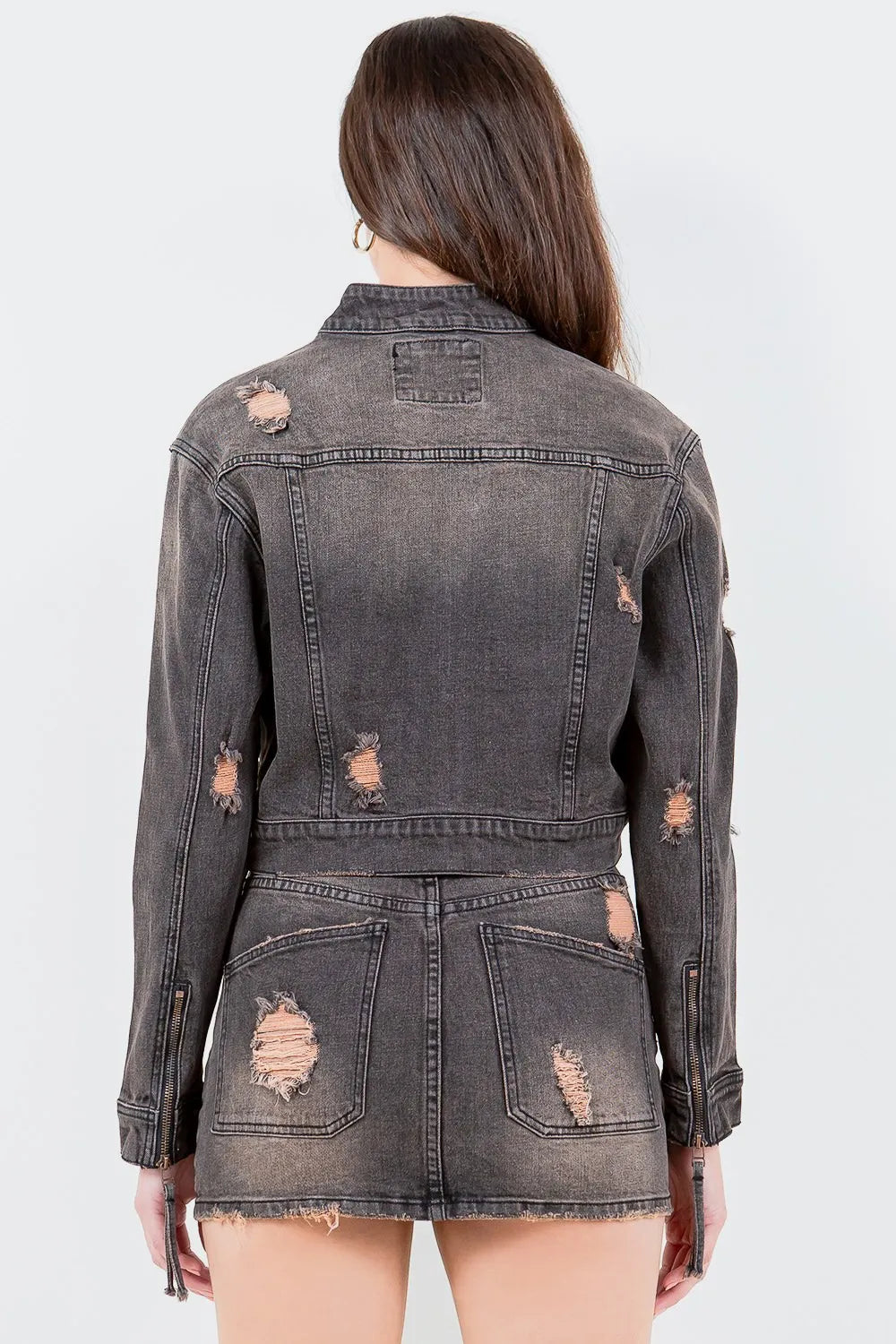 American Bazi Full Size Distressed Star Stud Trim Denim Rider Jacket