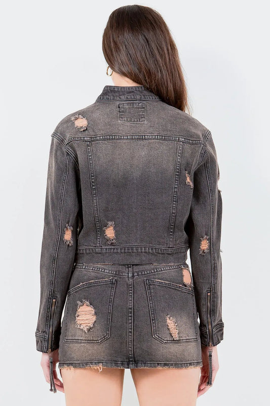 American Bazi Full Size Distressed Star Stud Trim Denim Rider Jacket