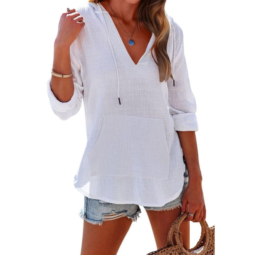 V-neck Hooded Shirt With Pockets Fashion Sports Long-sleeved Split
