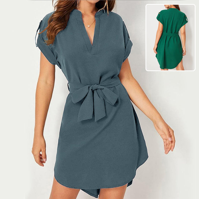 V-neck Short Sleeve Dress With Belt Summer Fashion Bowknot Dresses For