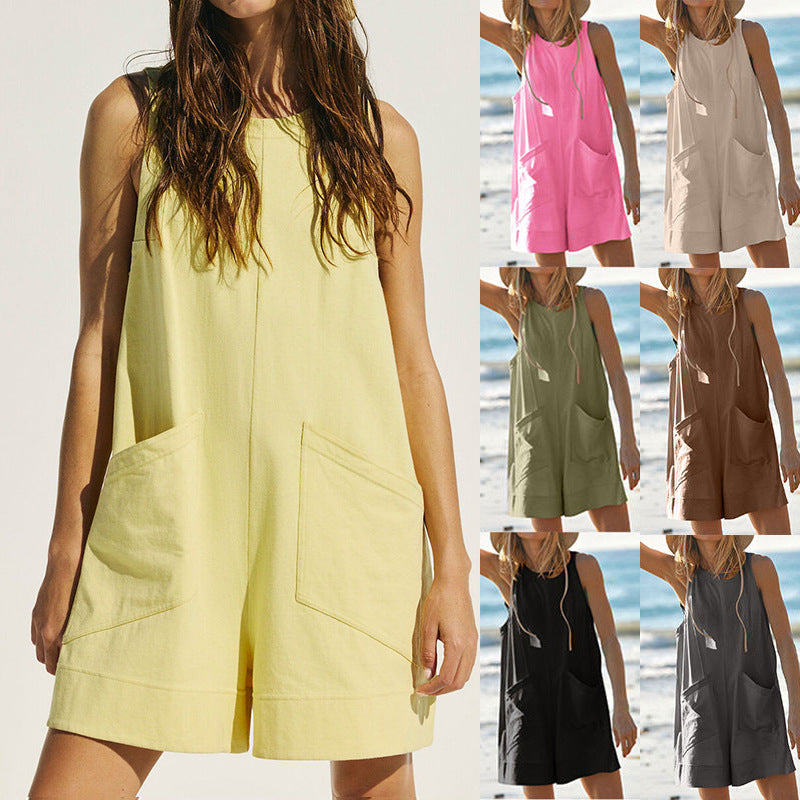 Women Sleeveless Shorts Jumpsuit With Pockets Fashion Beach Pants