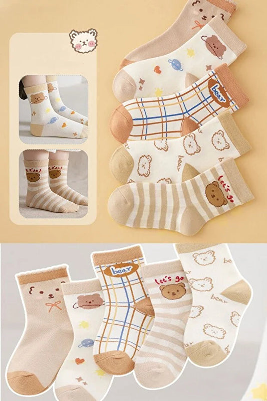 5 Pair Kids Bear Pattern Socks Soft Comfortable Daily Wear