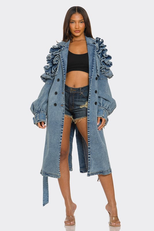 Ruffled Denim Trench Coat