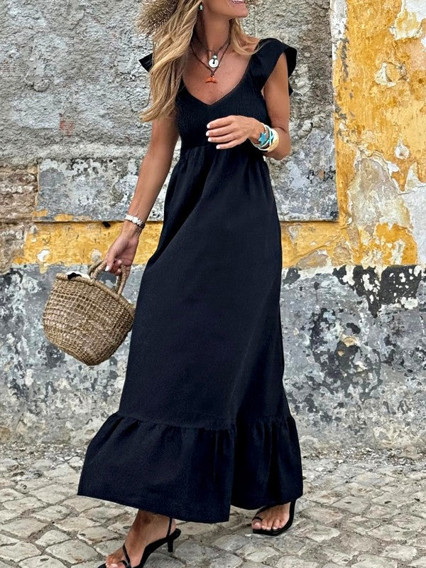 Cotton Flutter Smocked High Waist Ruffle Maxi
