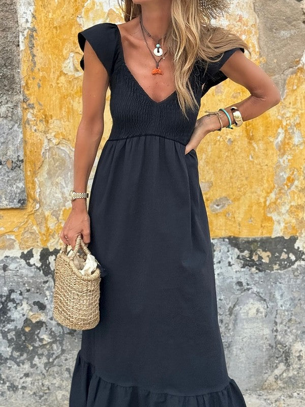 Cotton Flutter Smocked High Waist Ruffle Maxi