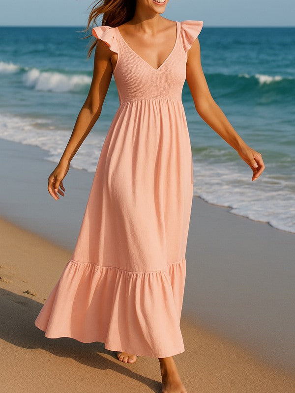 Cotton Flutter Smocked High Waist Ruffle Maxi