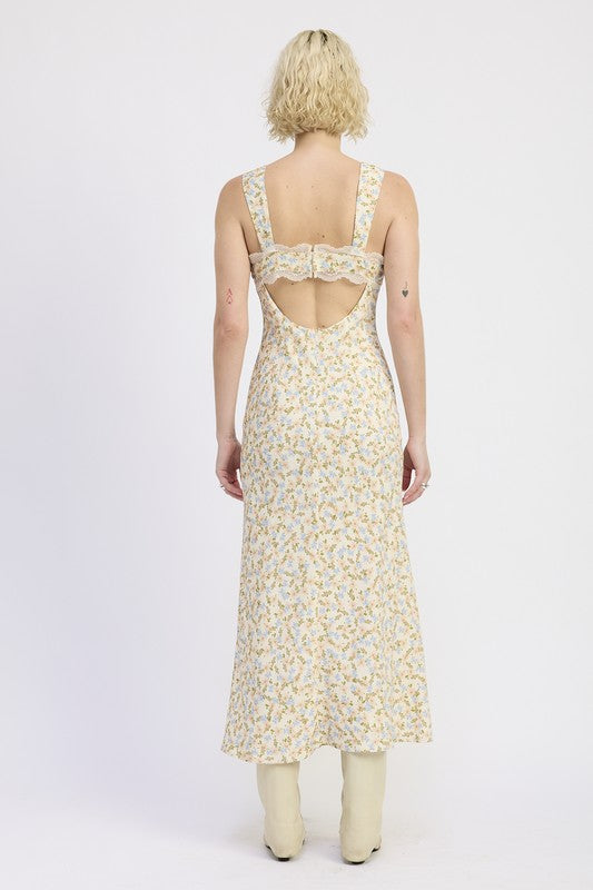 DITSY PRINT MIDI DRESS WITH CUTOUT AND LACE TRIM