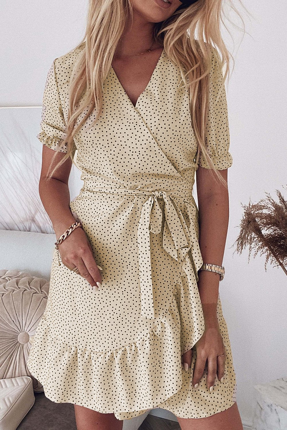 Bohemian Dotted Print Wrap V Neck Ruffled Mini Dress