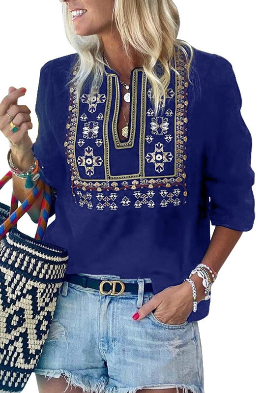 3/4 Sleeves Embroidered Pattern Pleated Blouse