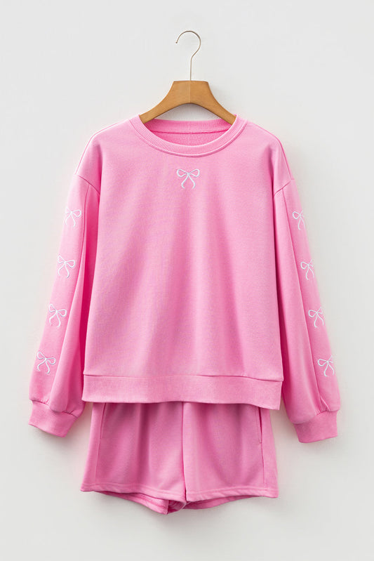Bow Embroidered Pullover and Shorts Set