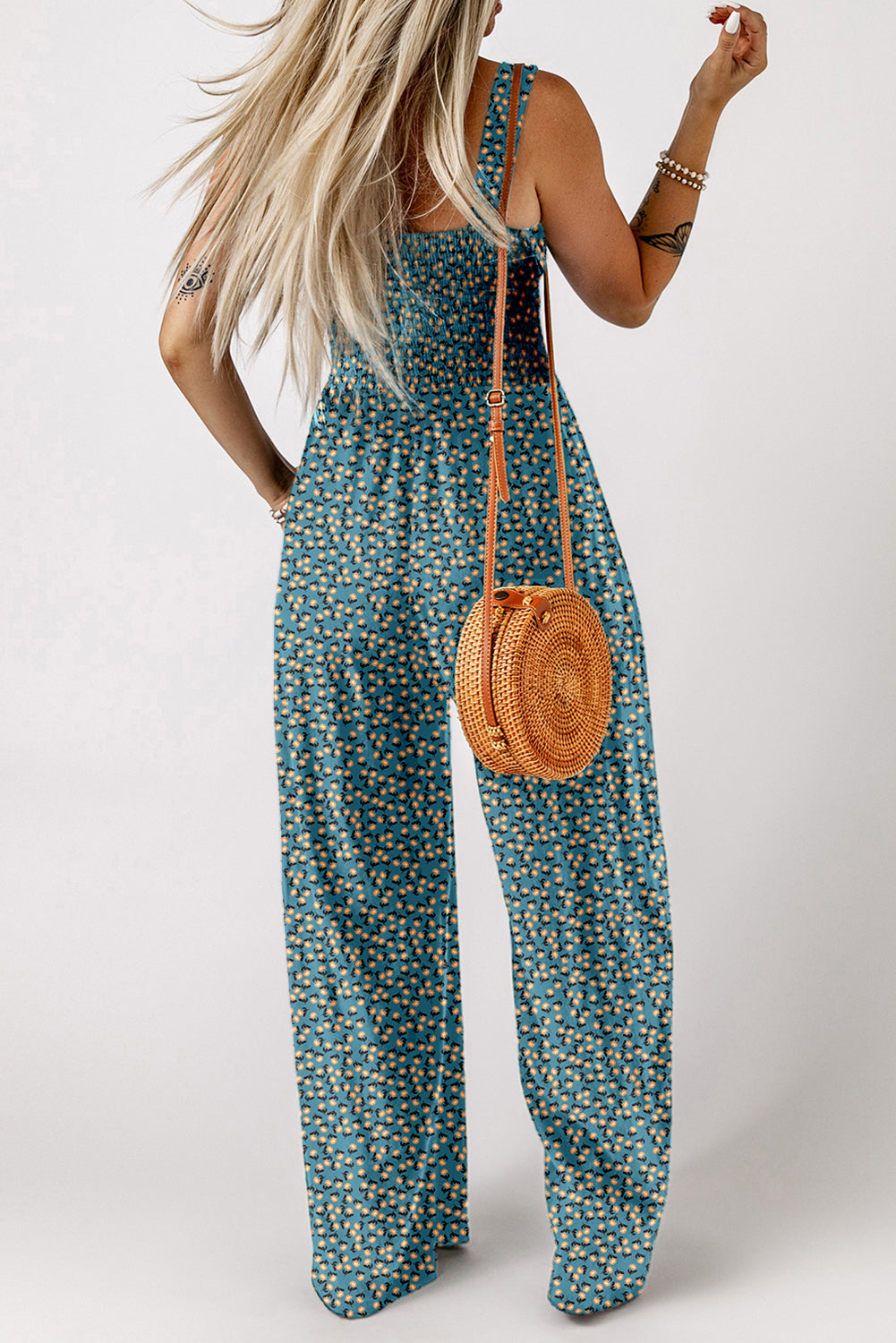 Floral Smocked High Waist Square Neck Jumpsuit