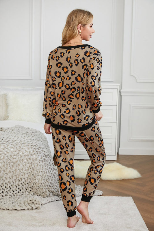 Leopard Print Long Sleeve Pants Loungewear Set